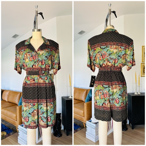 Vintage 80’s Castle Print High Waist Shorts Set - Picture 3 of 15